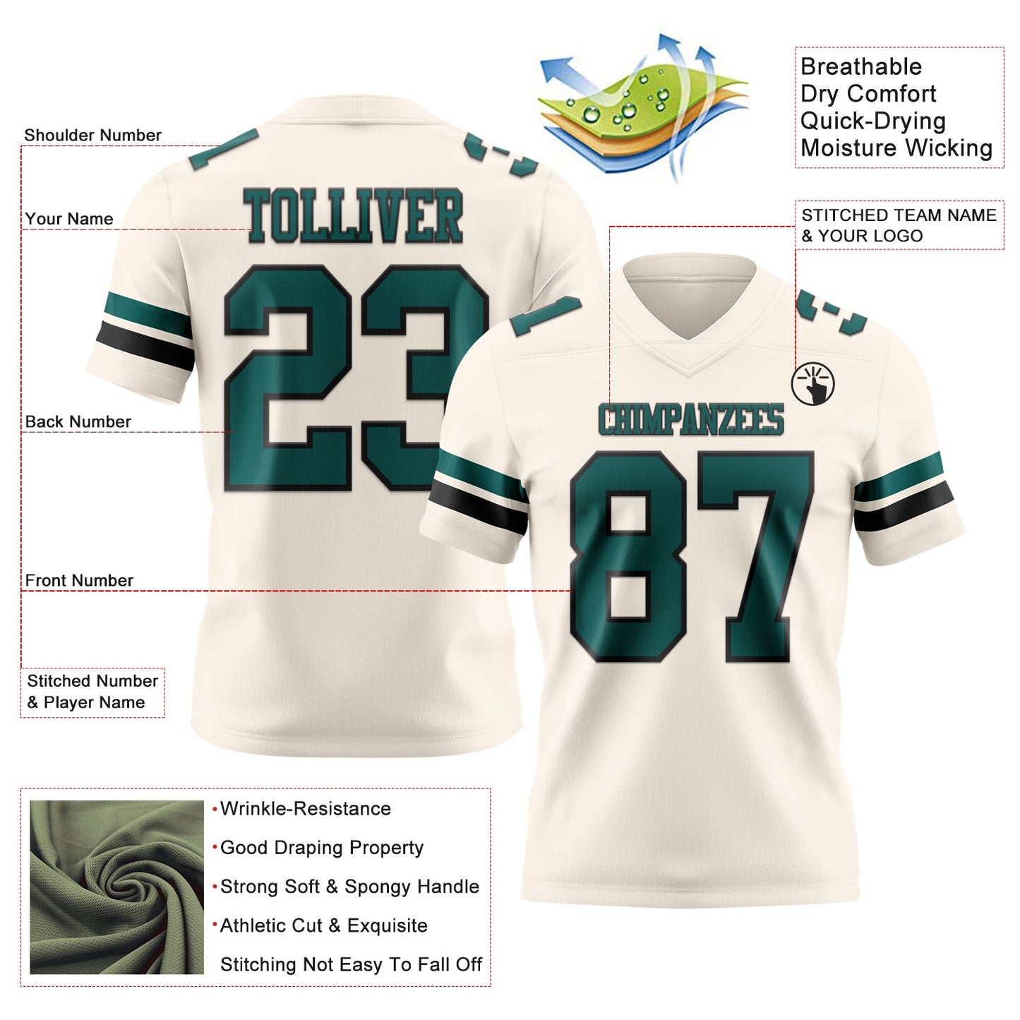 Custom Cream Midnight Green-Black Authentic Football Jersey