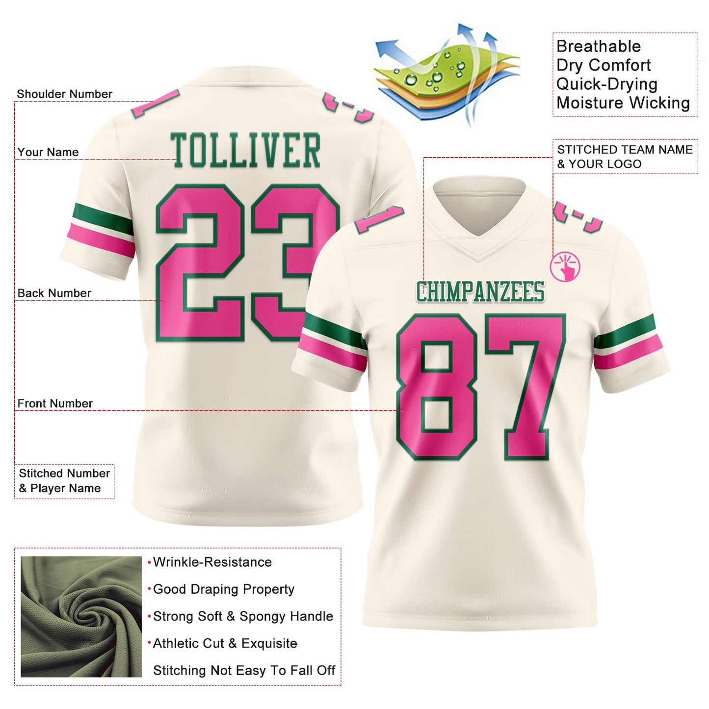 Custom Cream Pink-Kelly Green Authentic Football Jersey