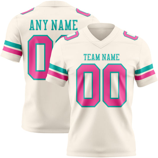 Custom Cream Pink-Aqua Authentic Football Jersey