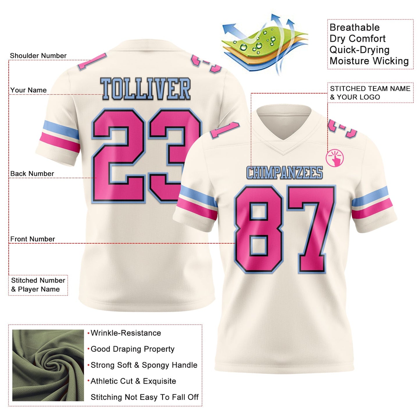 Custom Cream Pink Black-Light Blue Authentic Football Jersey