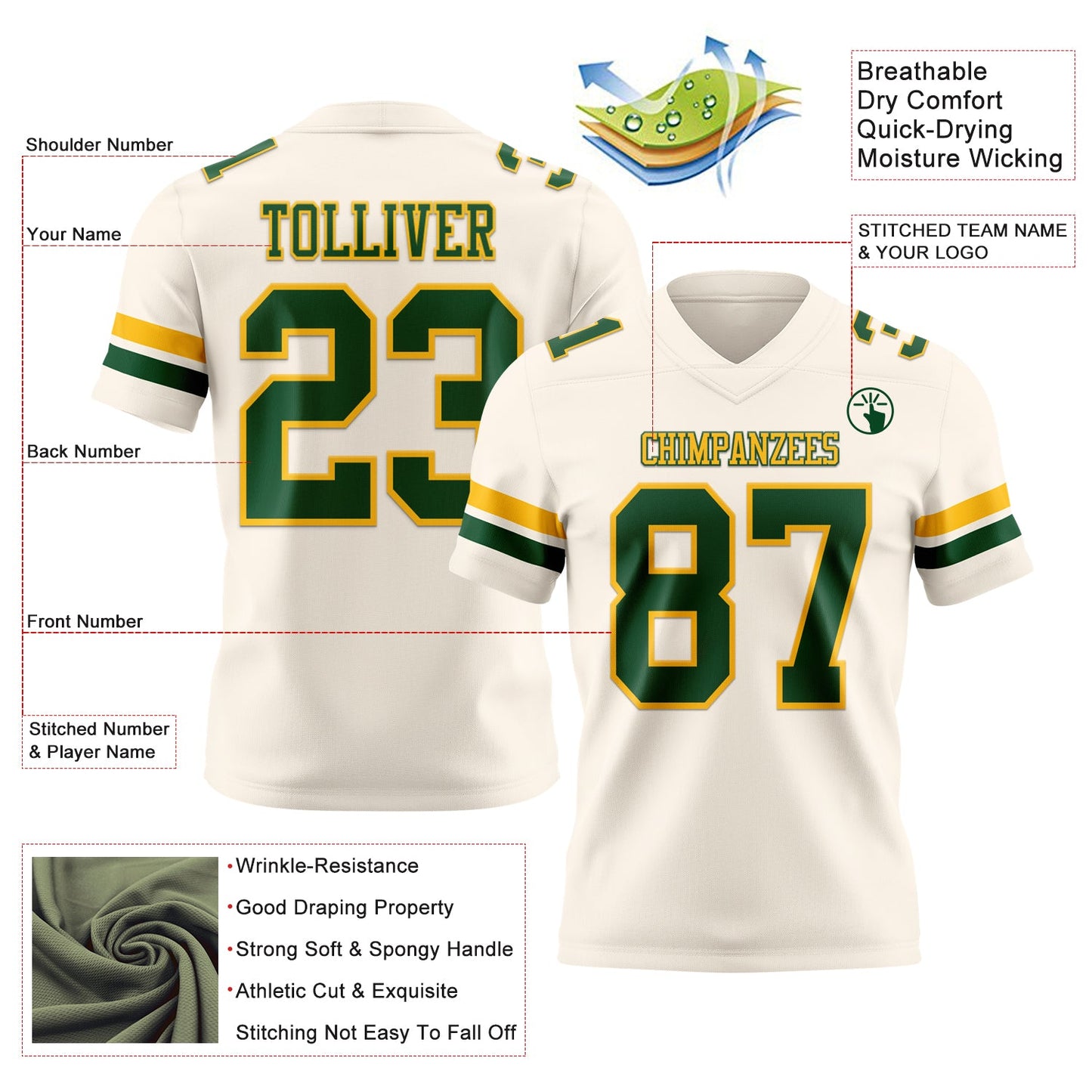 Custom Cream Green-Gold Authentic Football Jersey