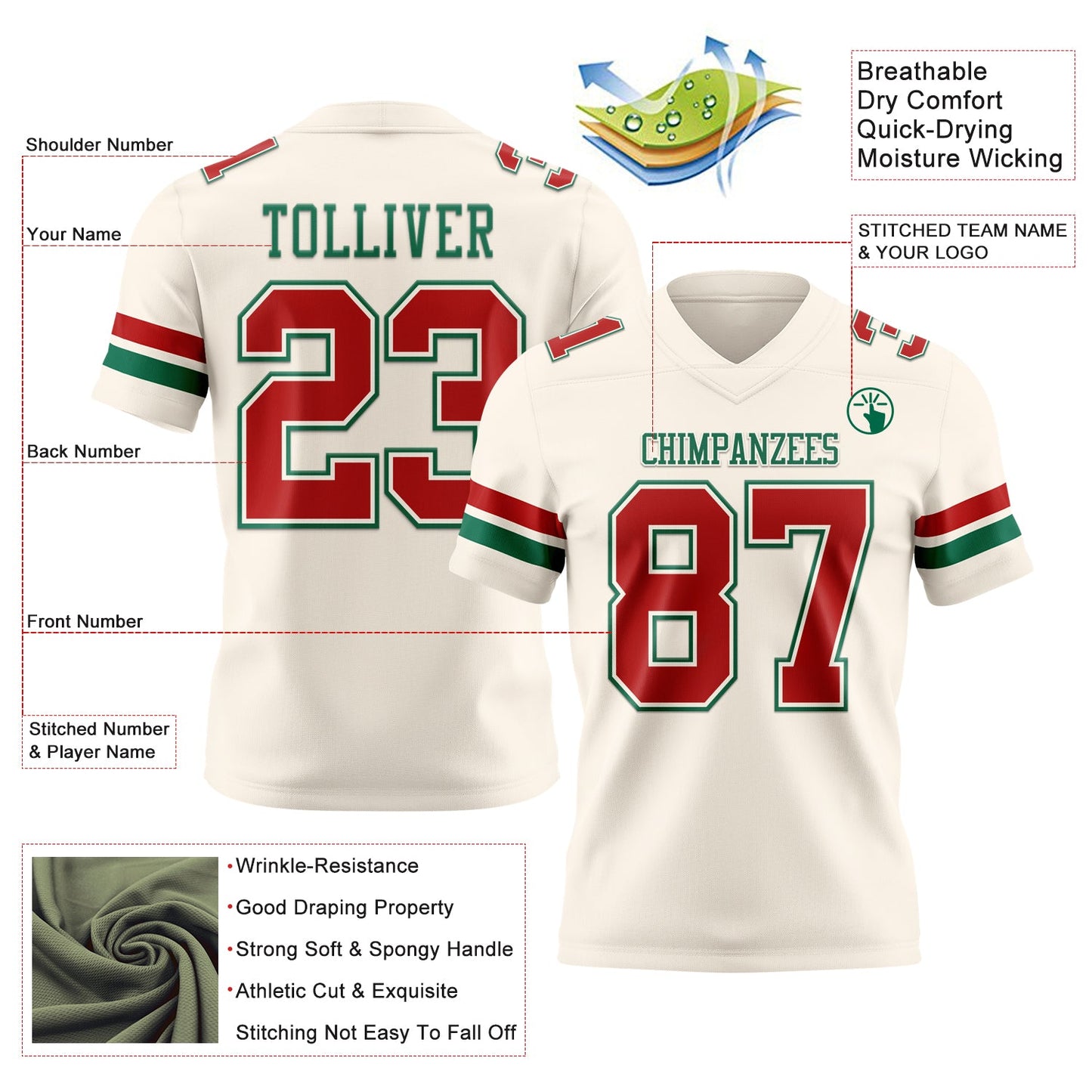 Custom Cream Red-Kelly Green Authentic Football Jersey