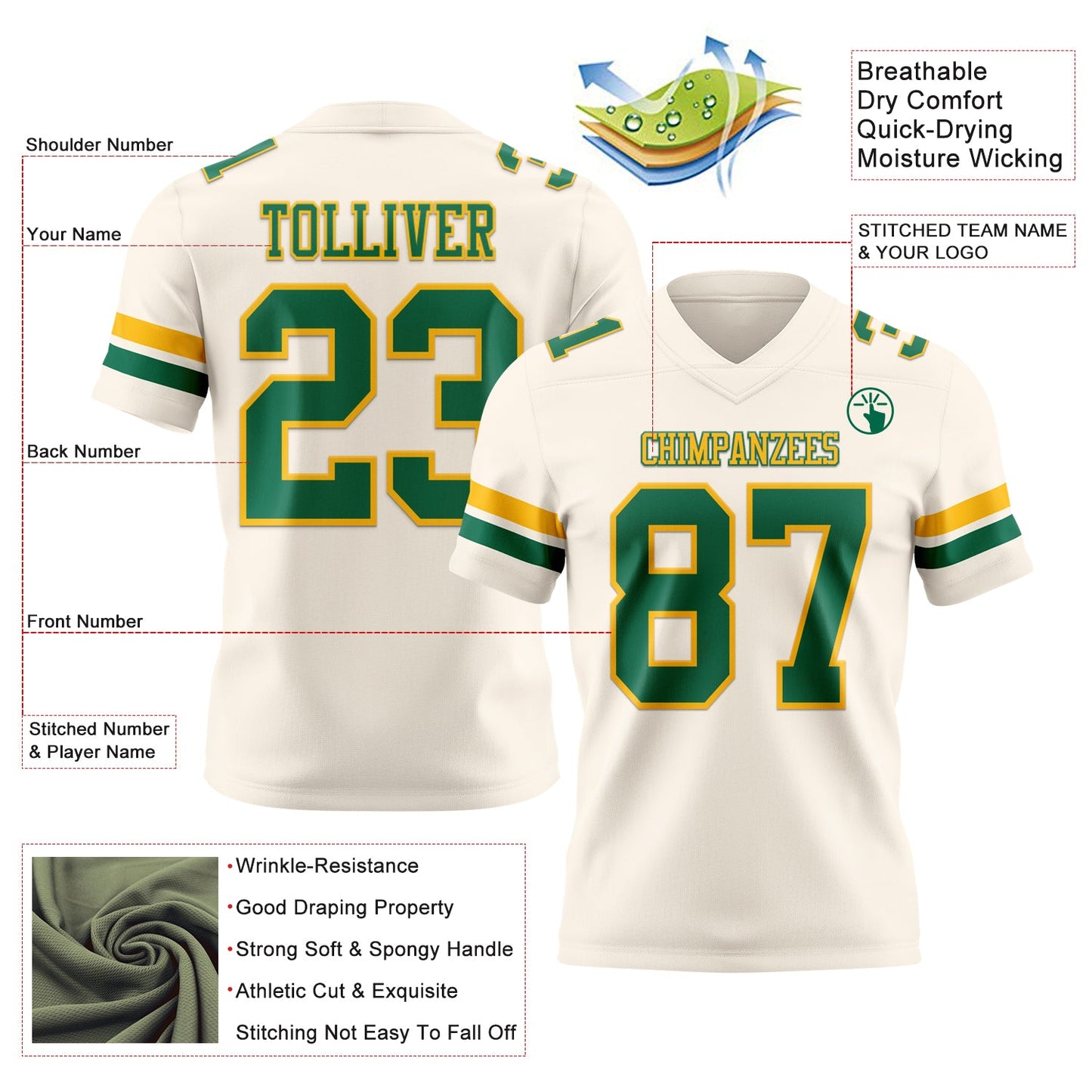 Custom Cream Kelly Green-Gold Authentic Football Jersey