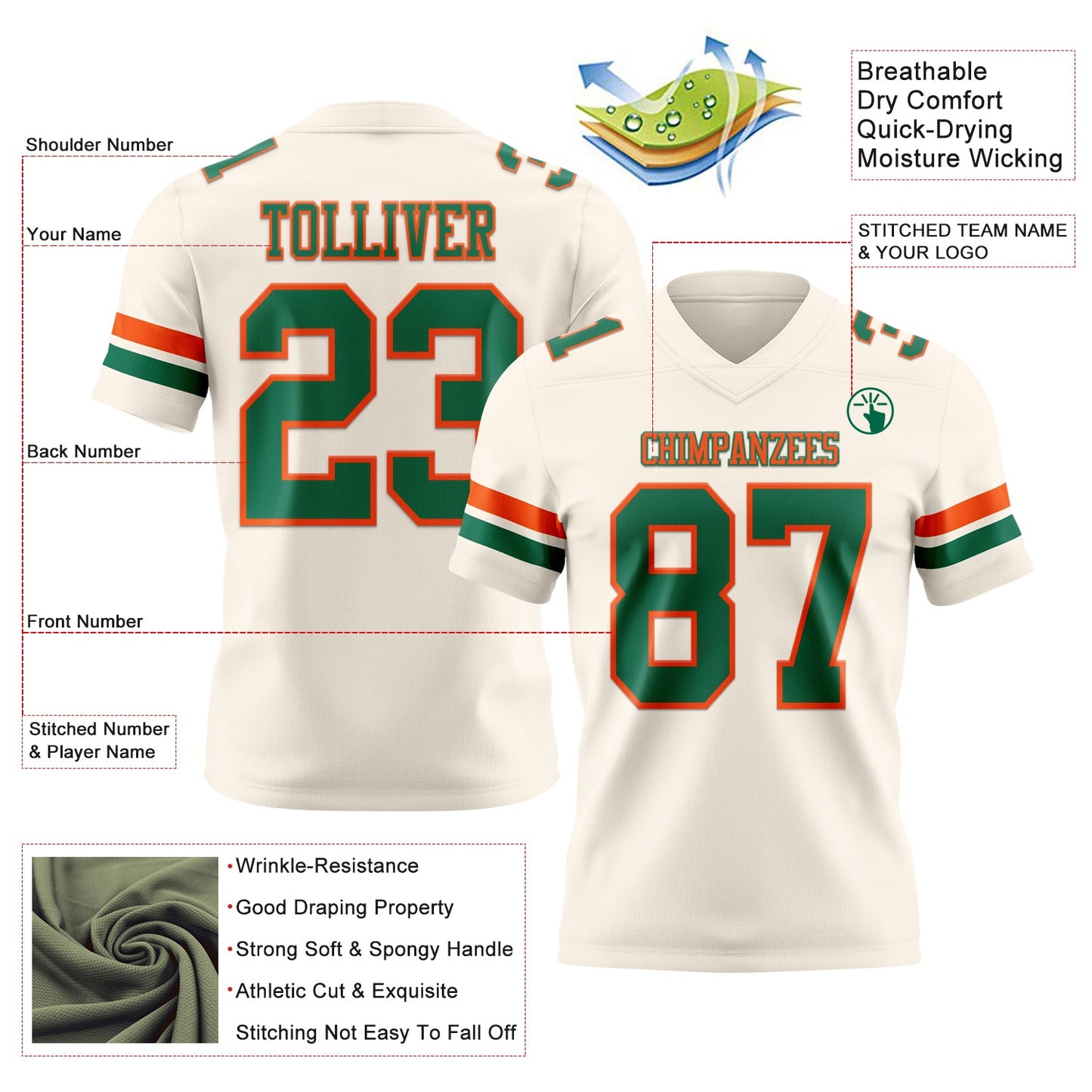Custom Cream Kelly Green-Orange Authentic Football Jersey