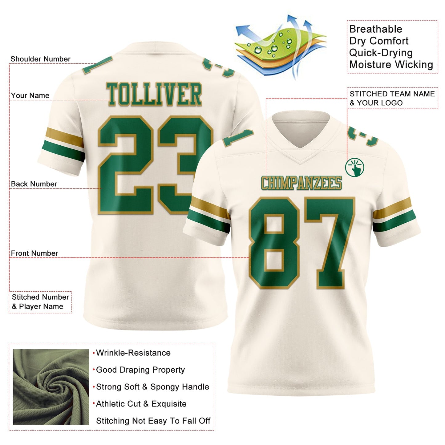Custom Cream Kelly Green-Old Gold Authentic Football Jersey