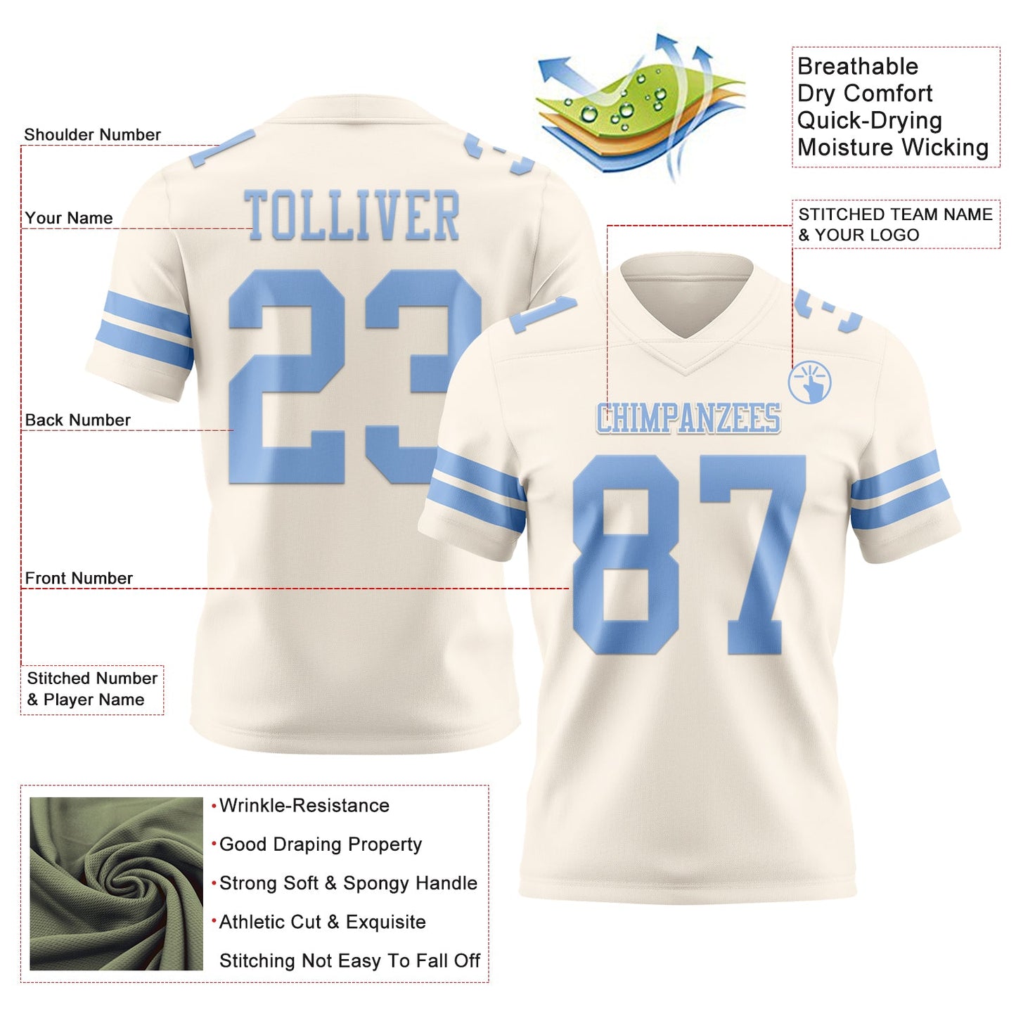 Custom Cream Light Blue Authentic Football Jersey