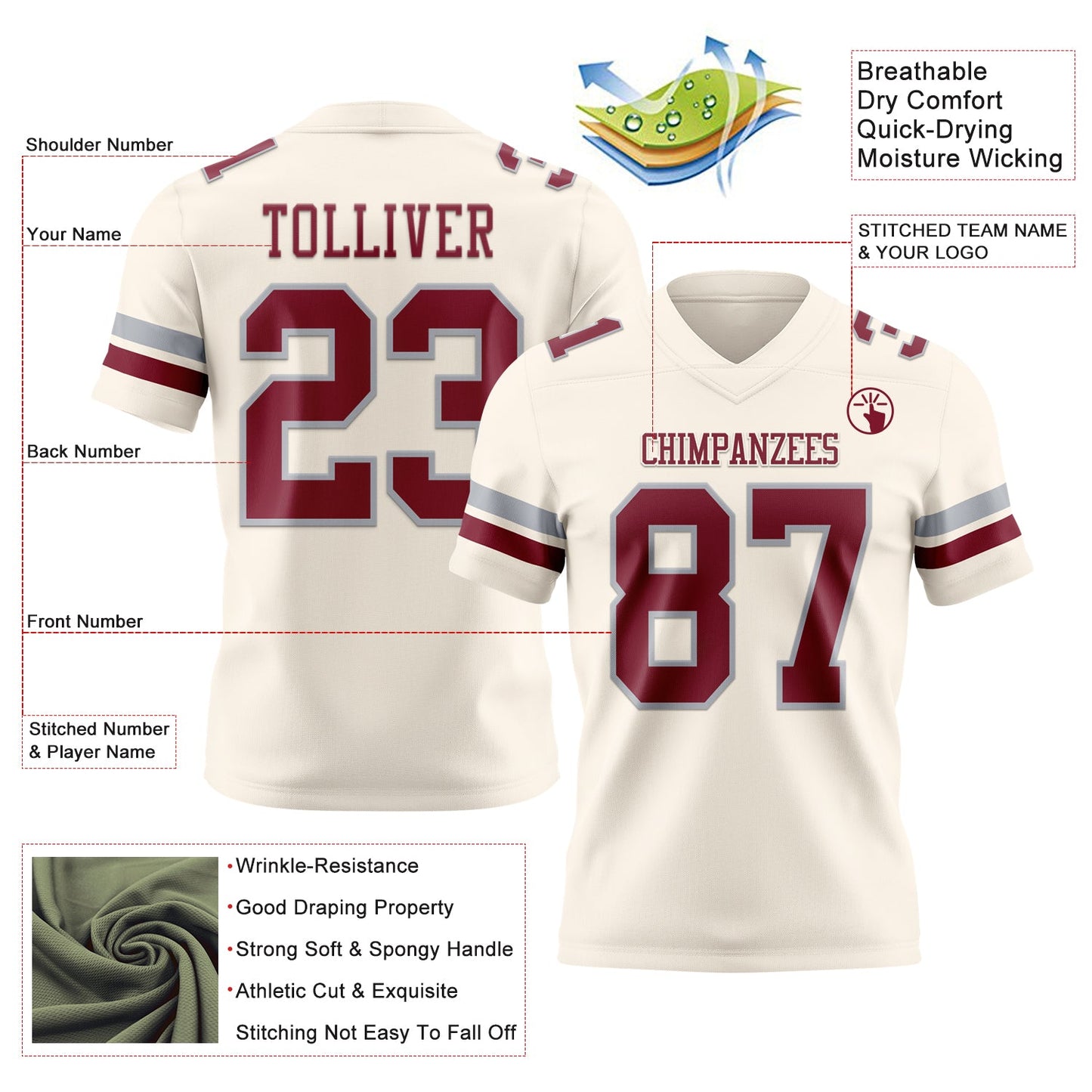 Custom Cream Crimson-Gray Authentic Football Jersey