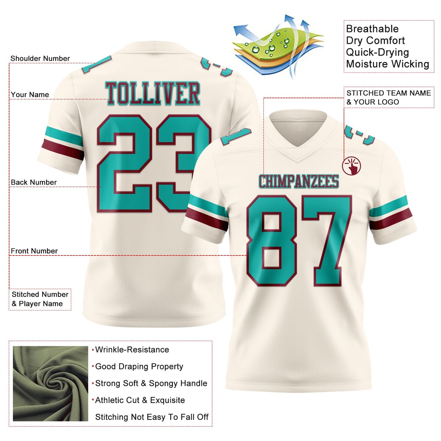 Custom Cream Aqua-Crimson Authentic Football Jersey