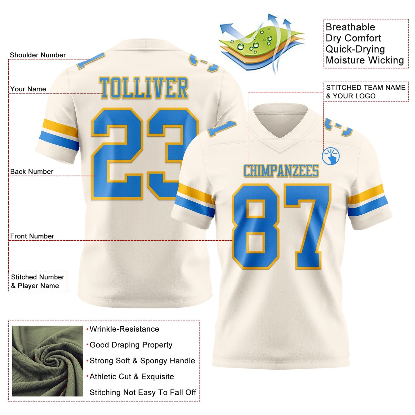 Custom Cream Powder Blue-Gold Authentic Football Jersey