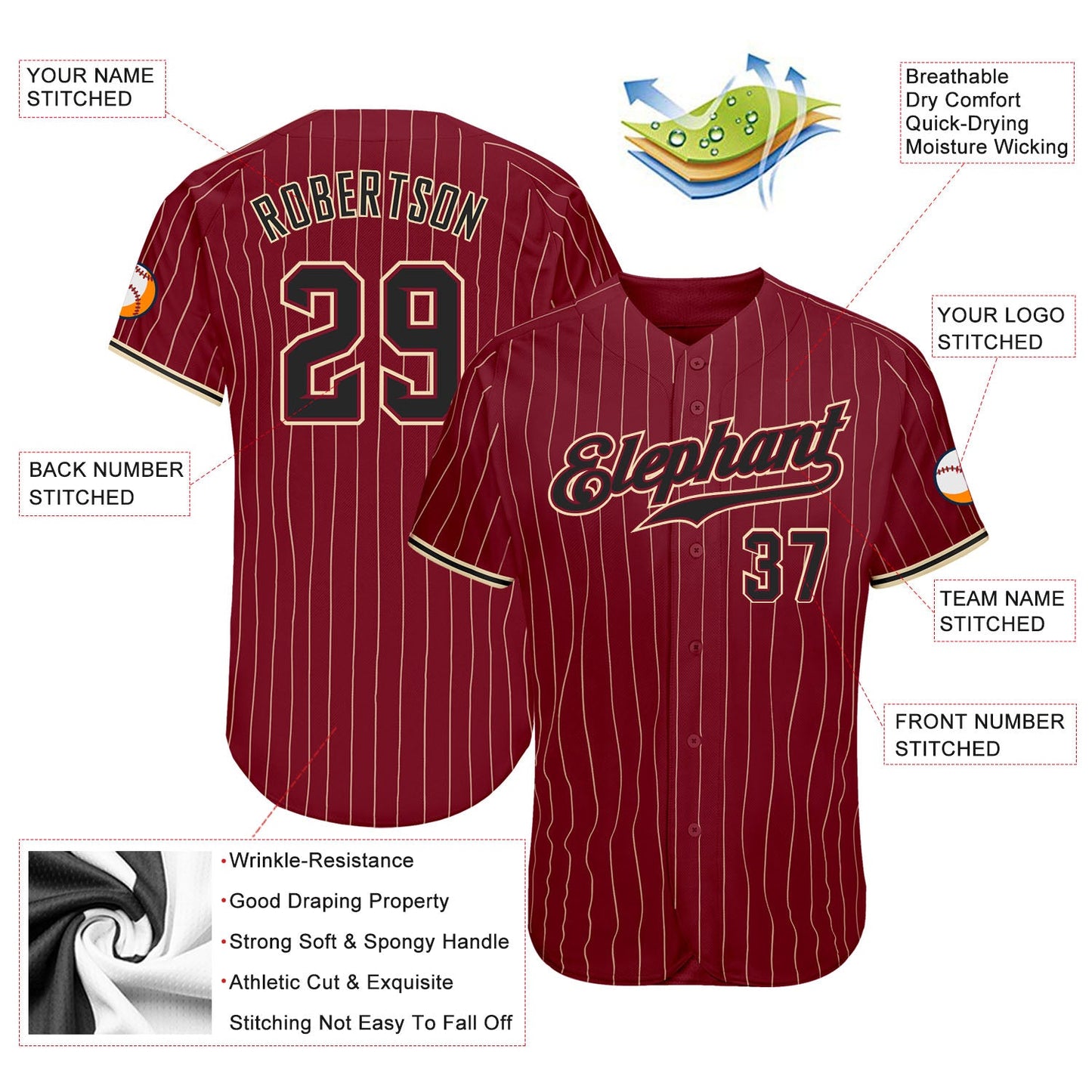 Custom Crimson Cream Pinstripe Black-City Cream Authentic Baseball Jersey