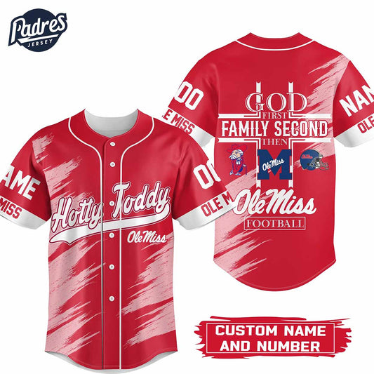 Custom God First Family Second Then Ole Miss Rebels Football Baseball Jersey - Padres Jersey Oasis: Elevate Your Baseball Style Game