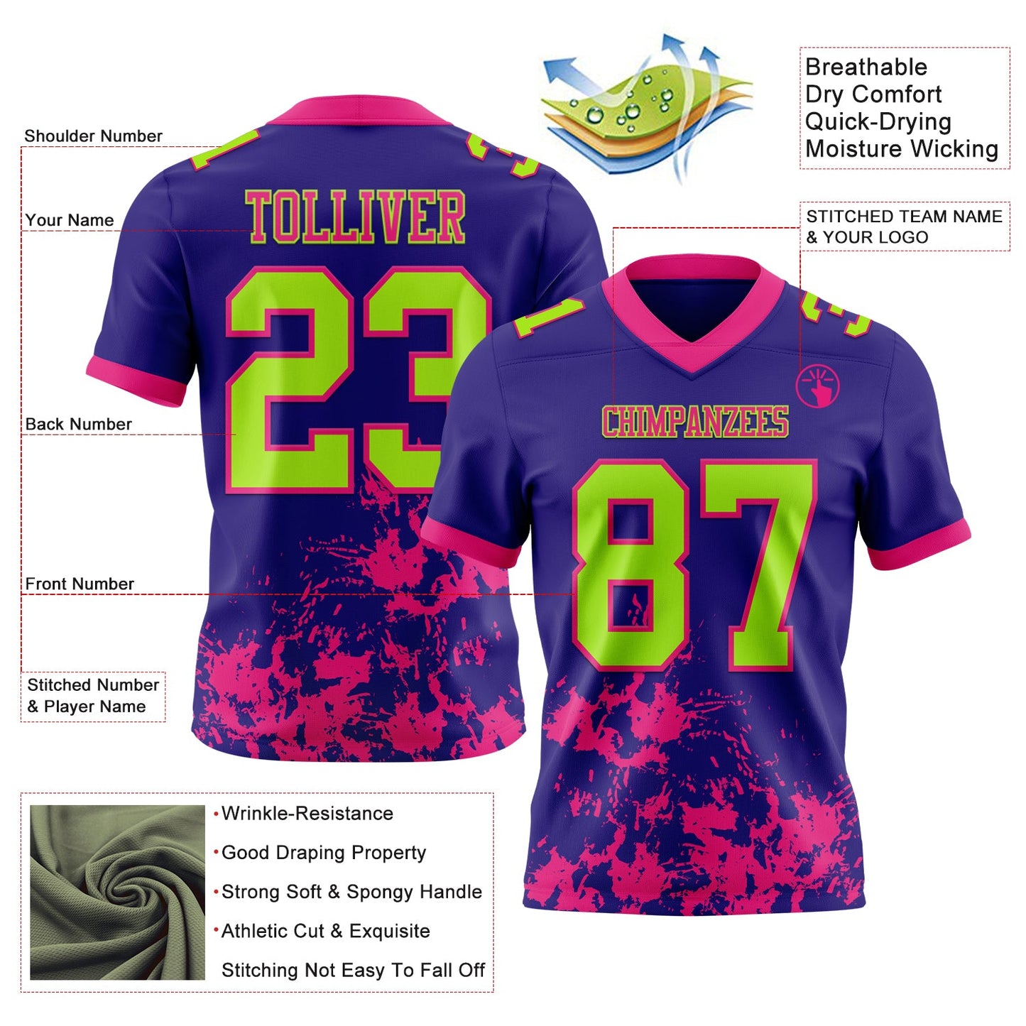 Custom Dark Purple Neon Green-Hot Pink 3D Pattern Splash Authentic Football Jersey