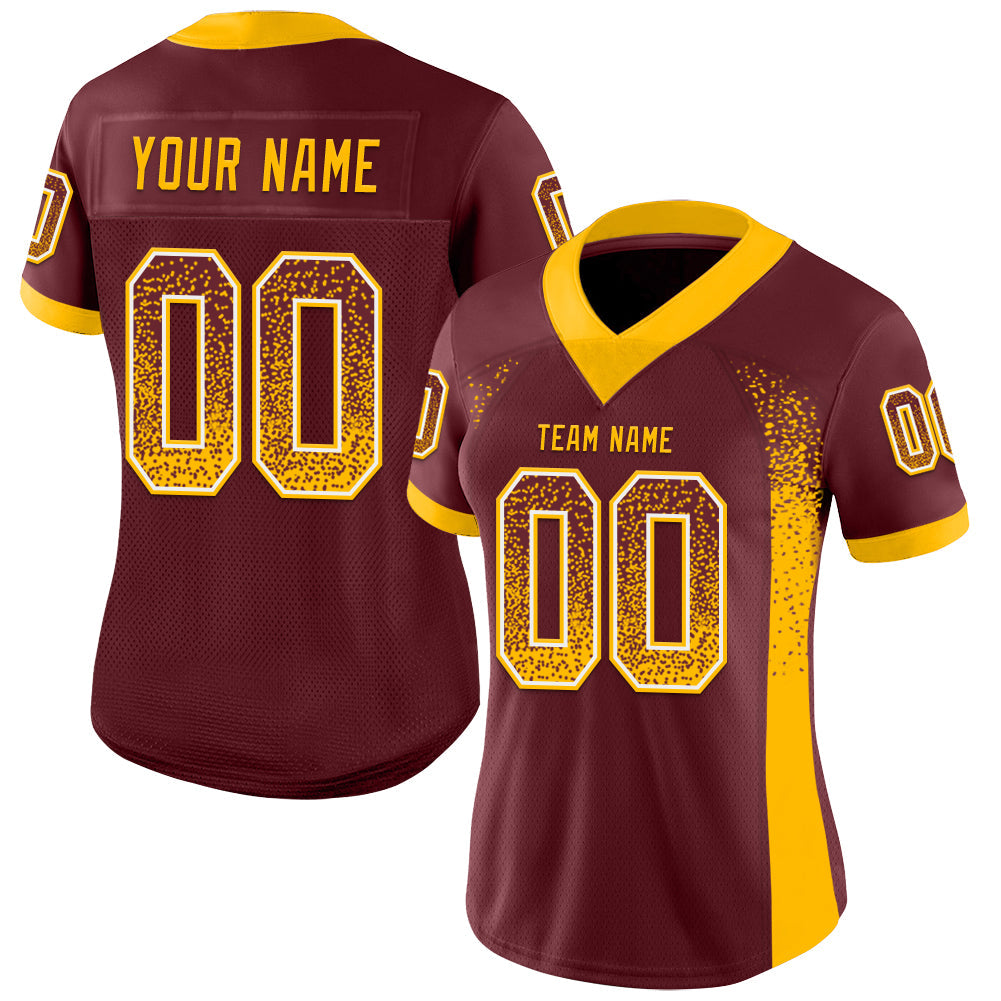 Custom Burgundy Gold-White Drift Fashion Football Jersey