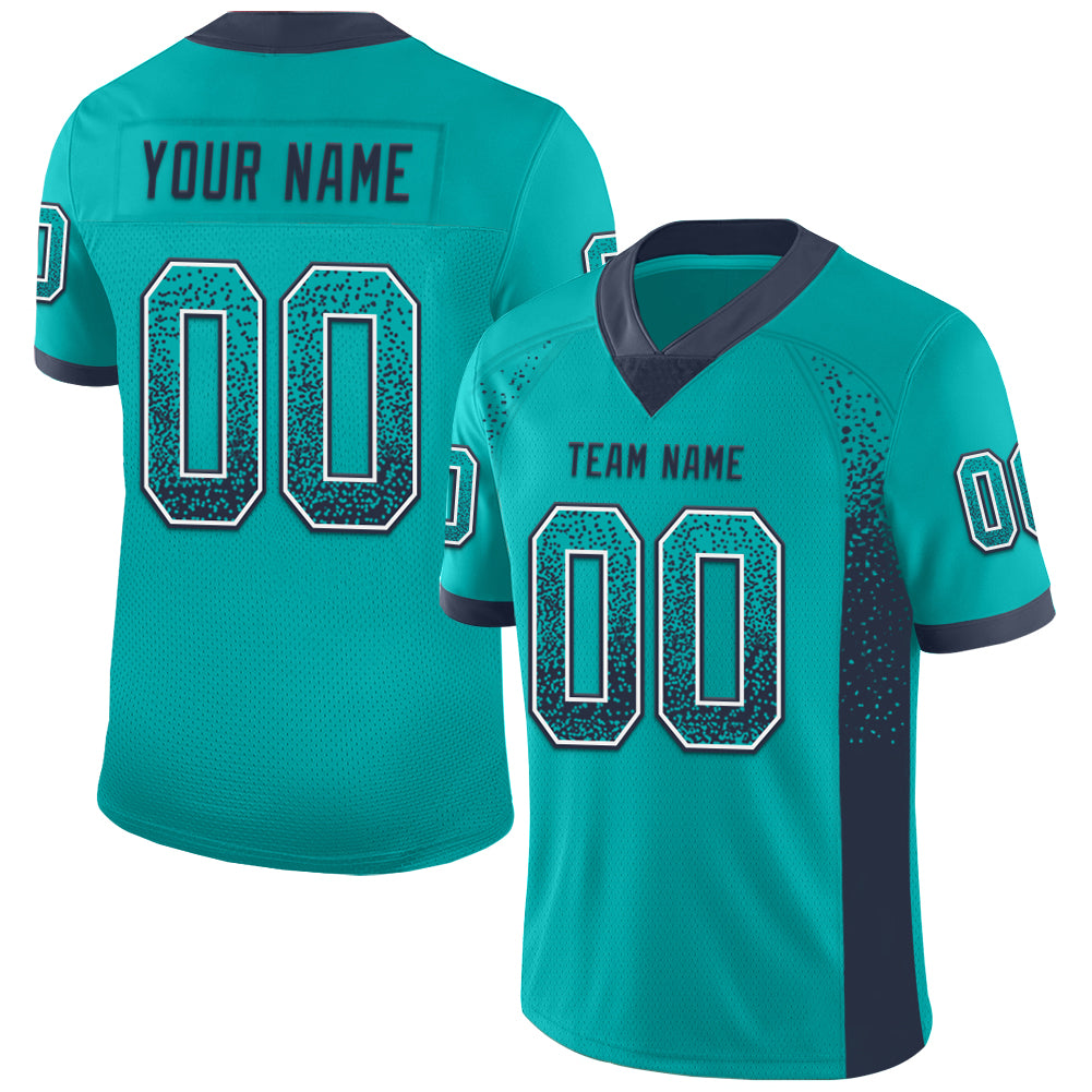 Custom Aqua Navy-White Drift Fashion Football Jersey