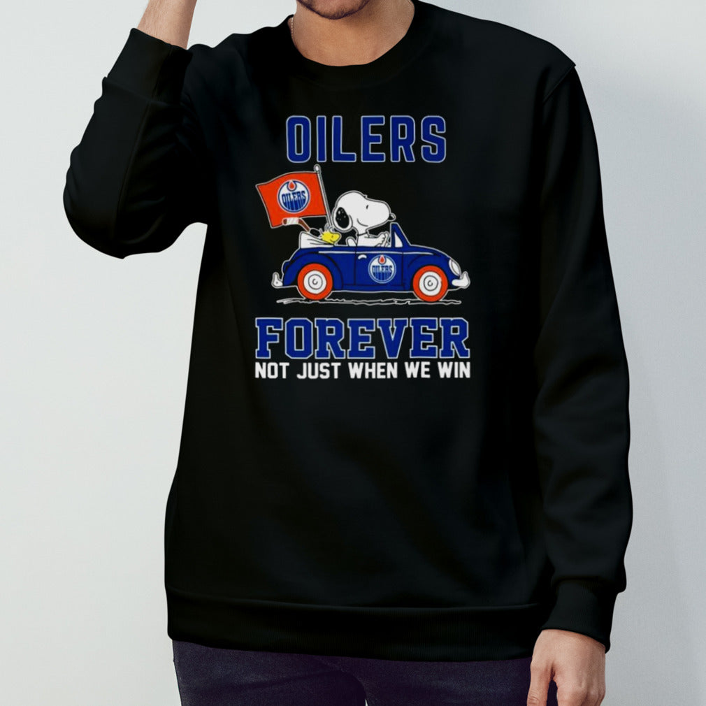 Edmonton Oilers X Peanuts Snoopy And Woodstock Driving Car Forever Not Just When We Win Shirt