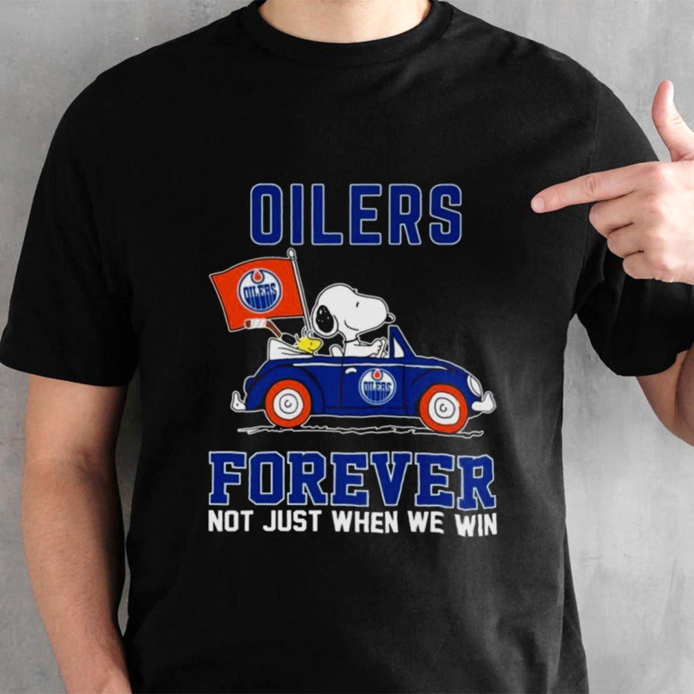 Edmonton Oilers X Peanuts Snoopy And Woodstock Driving Car Forever Not Just When We Win Shirt