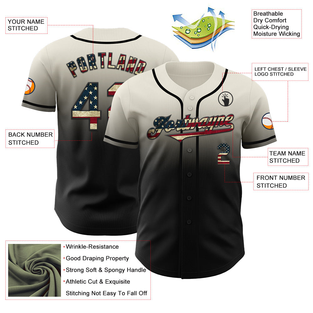Custom Cream Vintage USA Flag-Black Authentic Fade Fashion Baseball Jersey