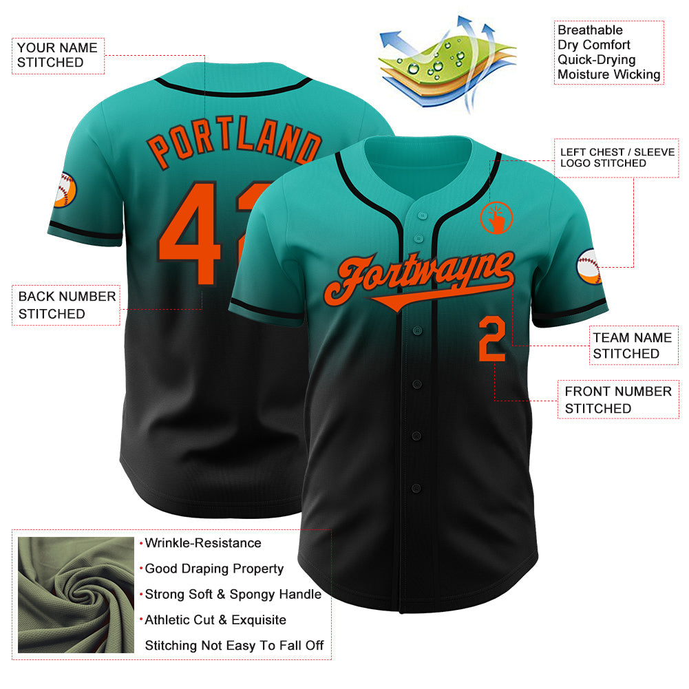 Custom Aqua Orange-Black Authentic Fade Fashion Baseball Jersey