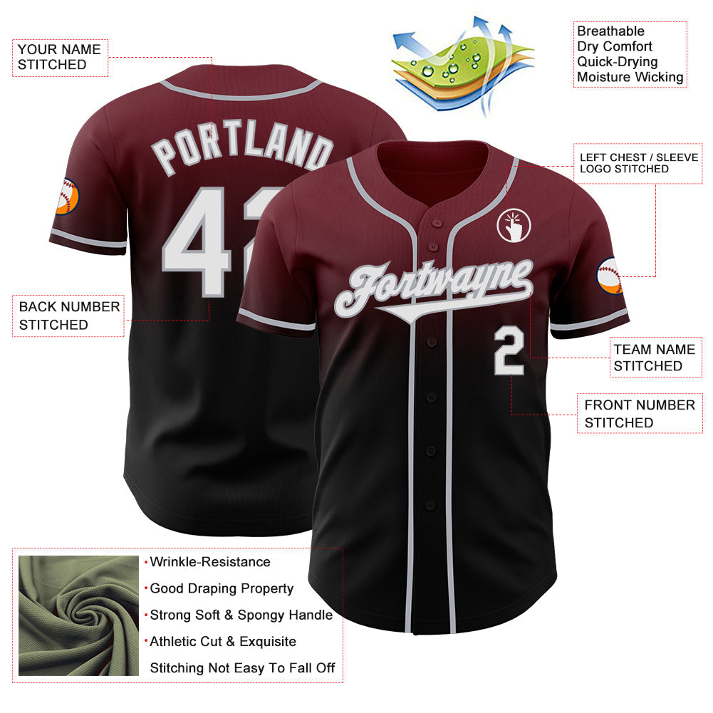 Custom Burgundy Black-Gray Authentic Fade Fashion Baseball Jersey