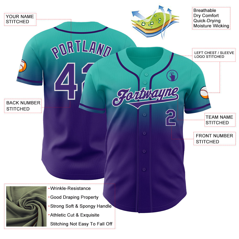 Custom Aqua Purple-White Authentic Fade Fashion Baseball Jersey