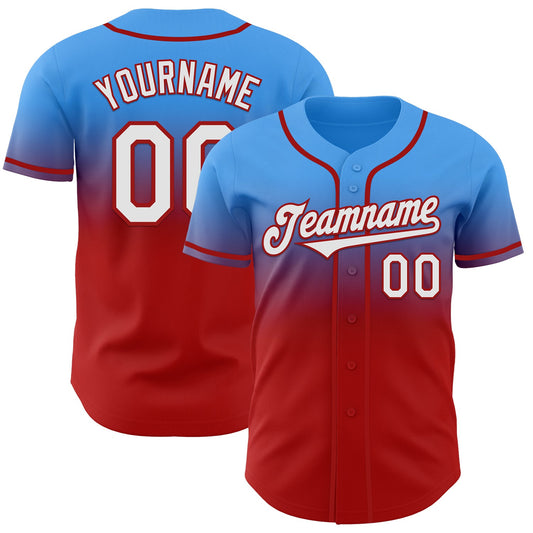 Custom Electric Blue White-Red Authentic Fade Fashion Baseball Jersey