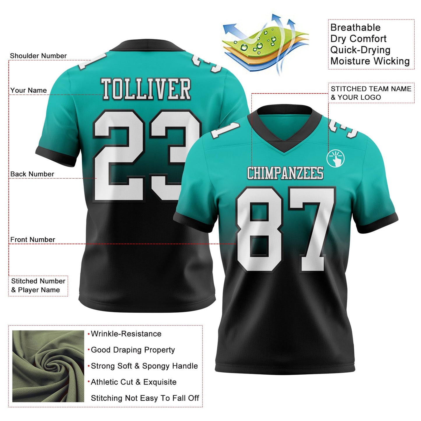 Custom Aqua White-Black Authentic Fade Fashion Football Jersey