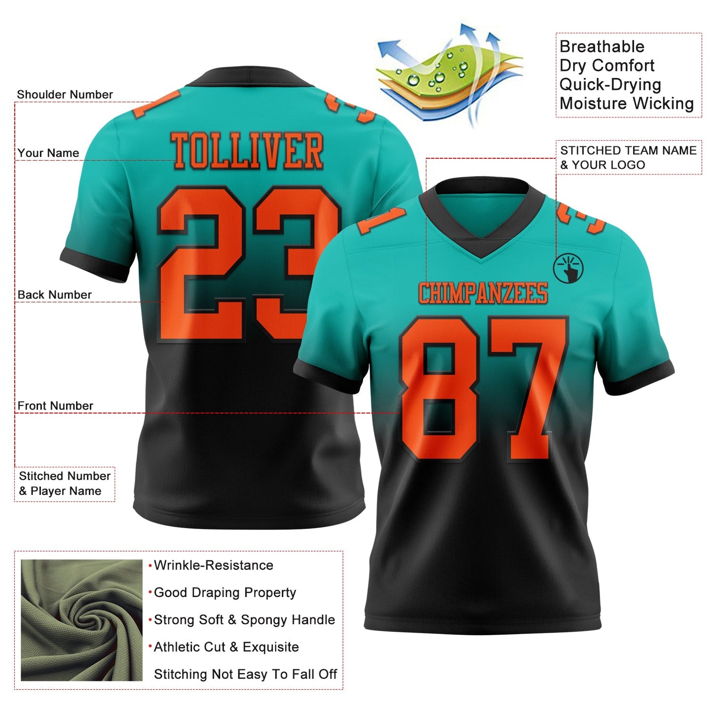 Custom Aqua Orange-Black Authentic Fade Fashion Football Jersey