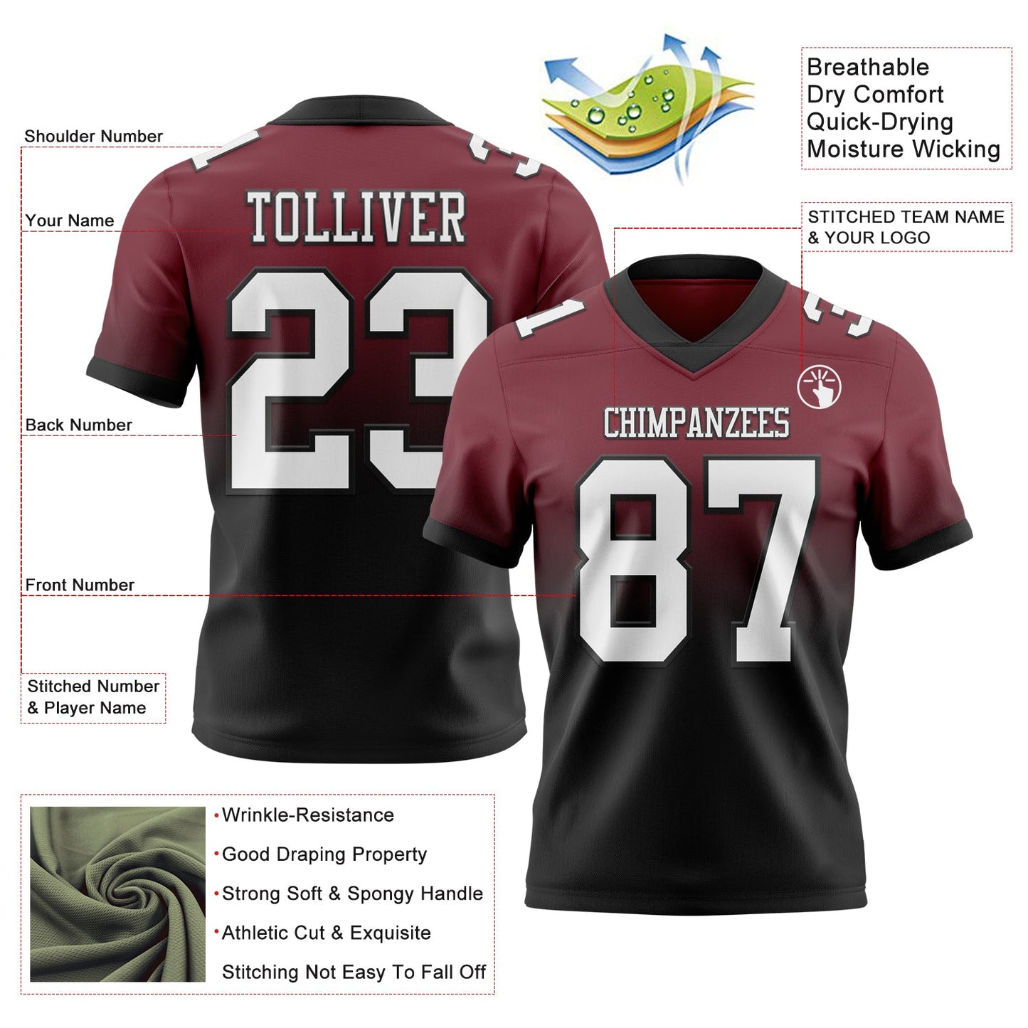 Custom Burgundy White-Black Authentic Fade Fashion Football Jersey