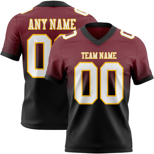 Custom Burgundy White Black-Gold Authentic Fade Fashion Football Jersey