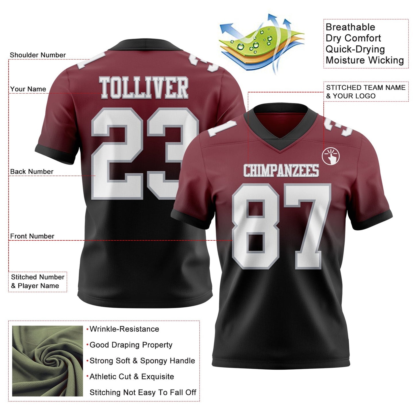 Custom Burgundy White Black-Gray Authentic Fade Fashion Football Jersey