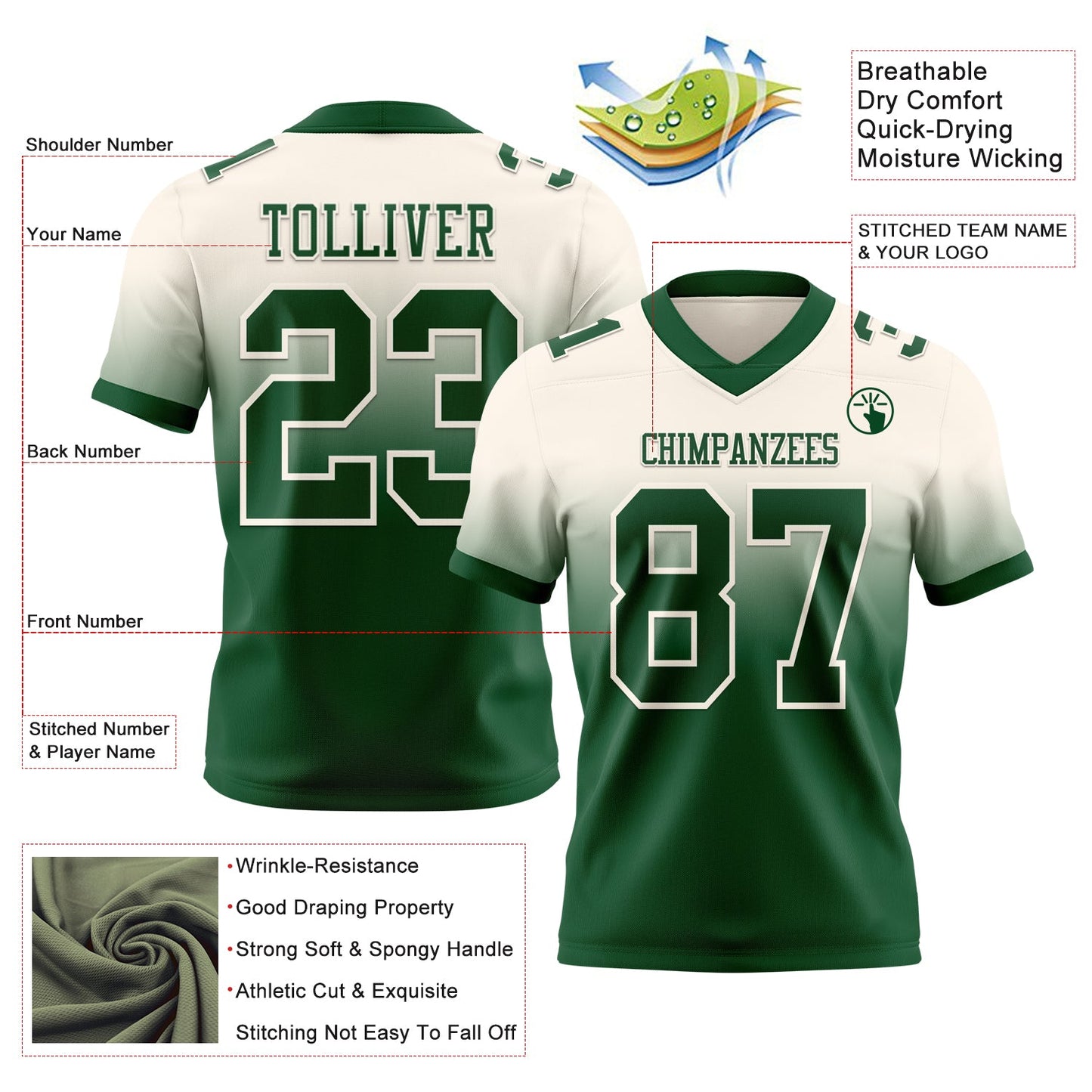 Custom Cream Green Authentic Fade Fashion Football Jersey