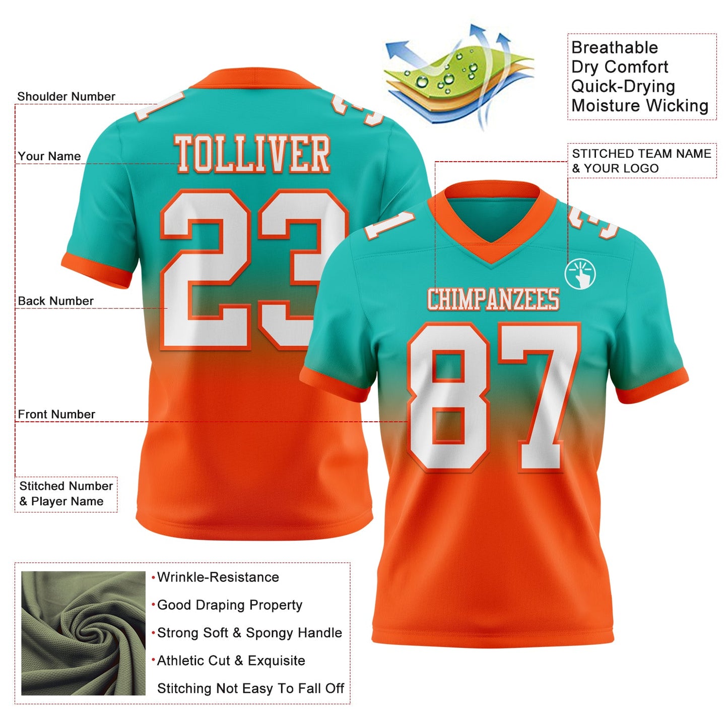 Custom Aqua White-Orange Authentic Fade Fashion Football Jersey