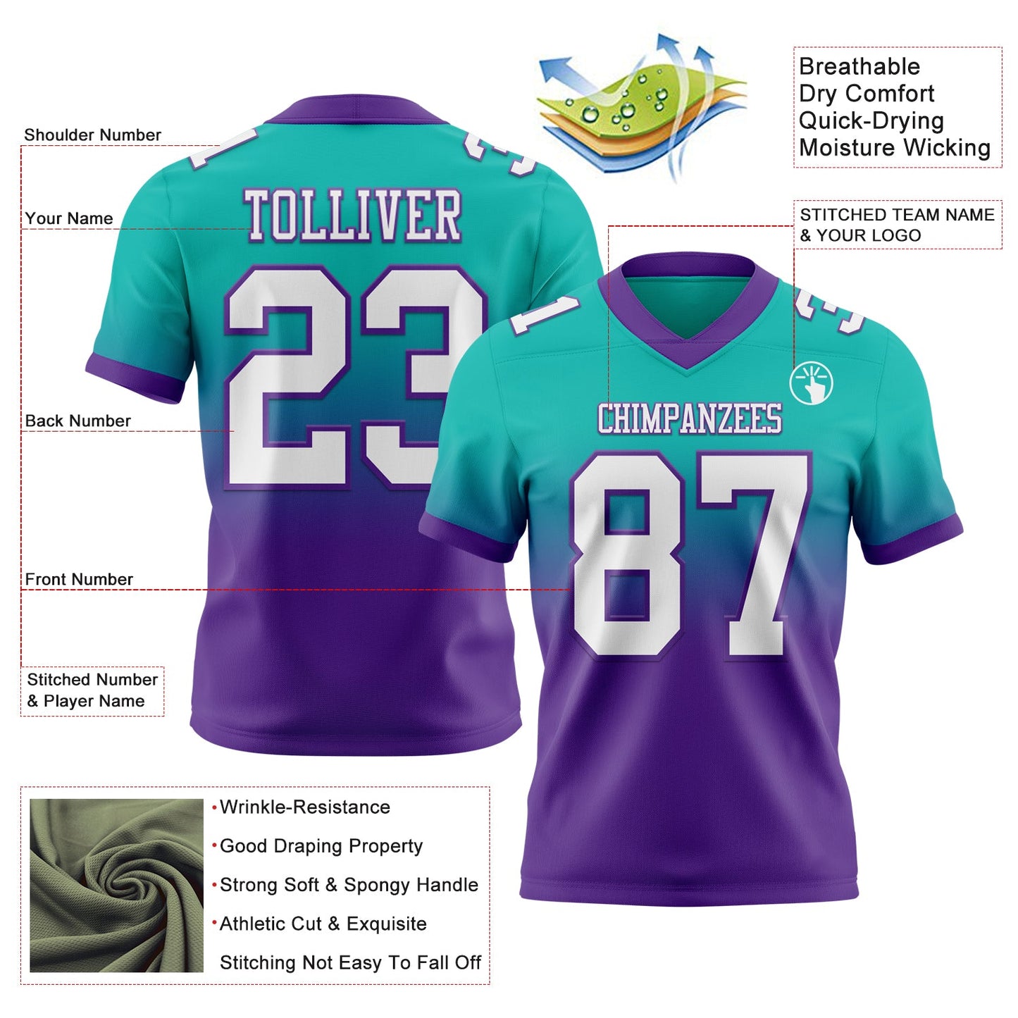 Custom Aqua White-Purple Authentic Fade Fashion Football Jersey