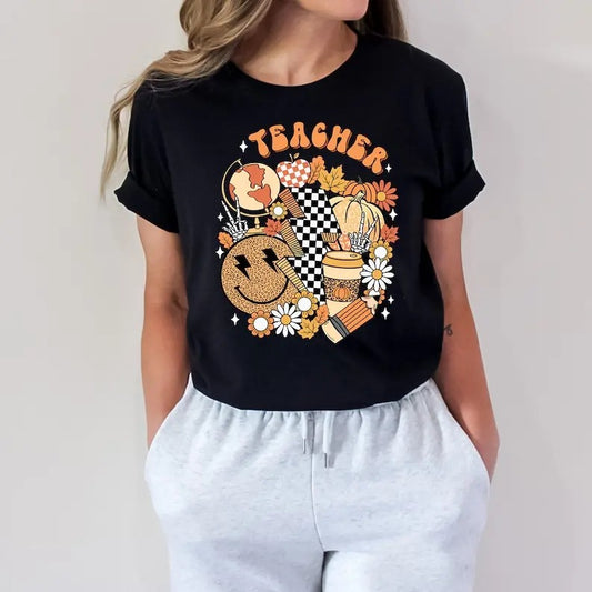 Fall Teacher Shirt, Retro Fall Vibes Teacher T-shirt, Back To School Shirt, Autumn Shirt, Retro Smiley Teacher Shirt, Teacher Things Tee