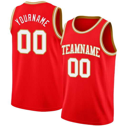 Custom Fire Red White-Old Gold Authentic Basketball Jersey