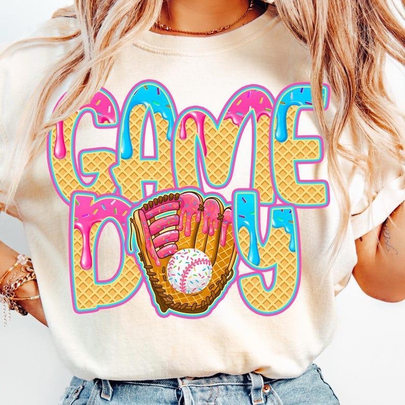 Game Day Ice Cream Drip Tee, Sporty Mama Shirt, Trendy Baseball Print, favorite shirts