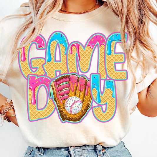 Game Day Ice Cream Drip Tee, Sporty Mama Shirt, Trendy Baseball Print, favorite shirts