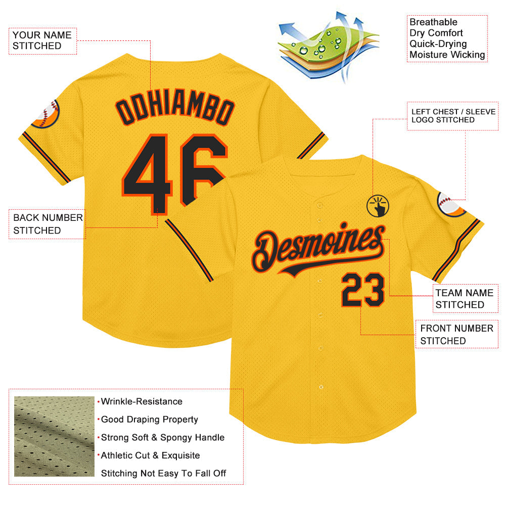 Custom Gold Black-Orange Mesh Authentic Throwback Baseball Jersey