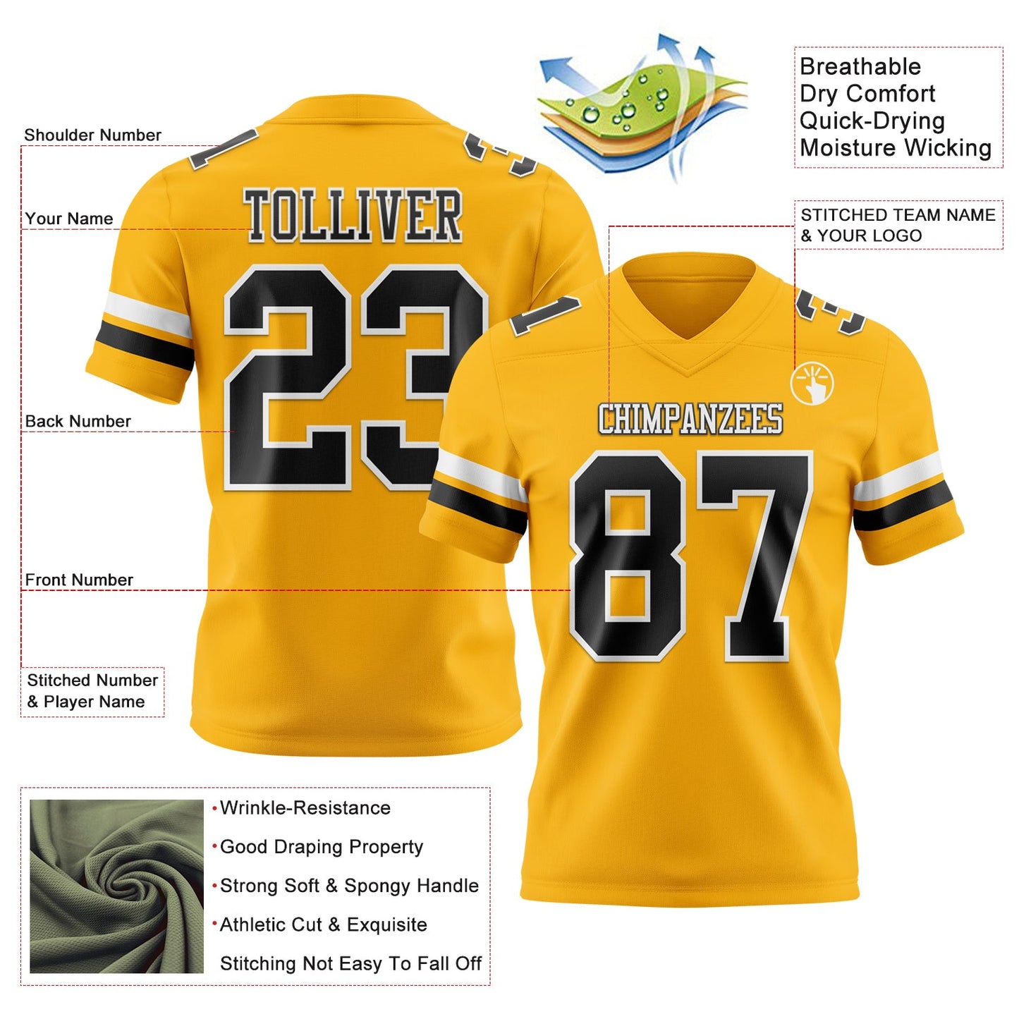 Custom Gold Black-White Authentic Football Jersey