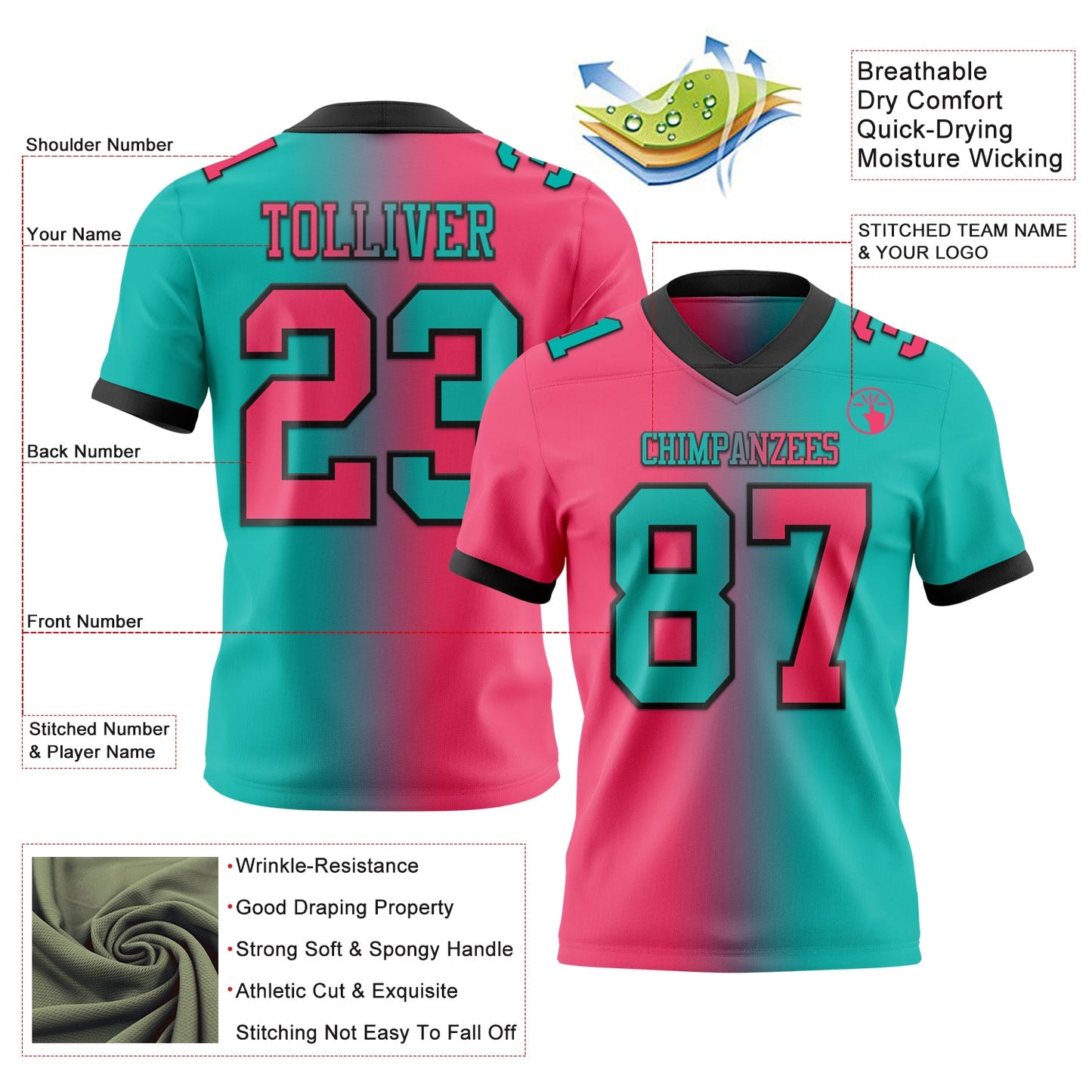 Custom Aqua Neon Pink-Black Authentic Gradient Fashion Football Jersey