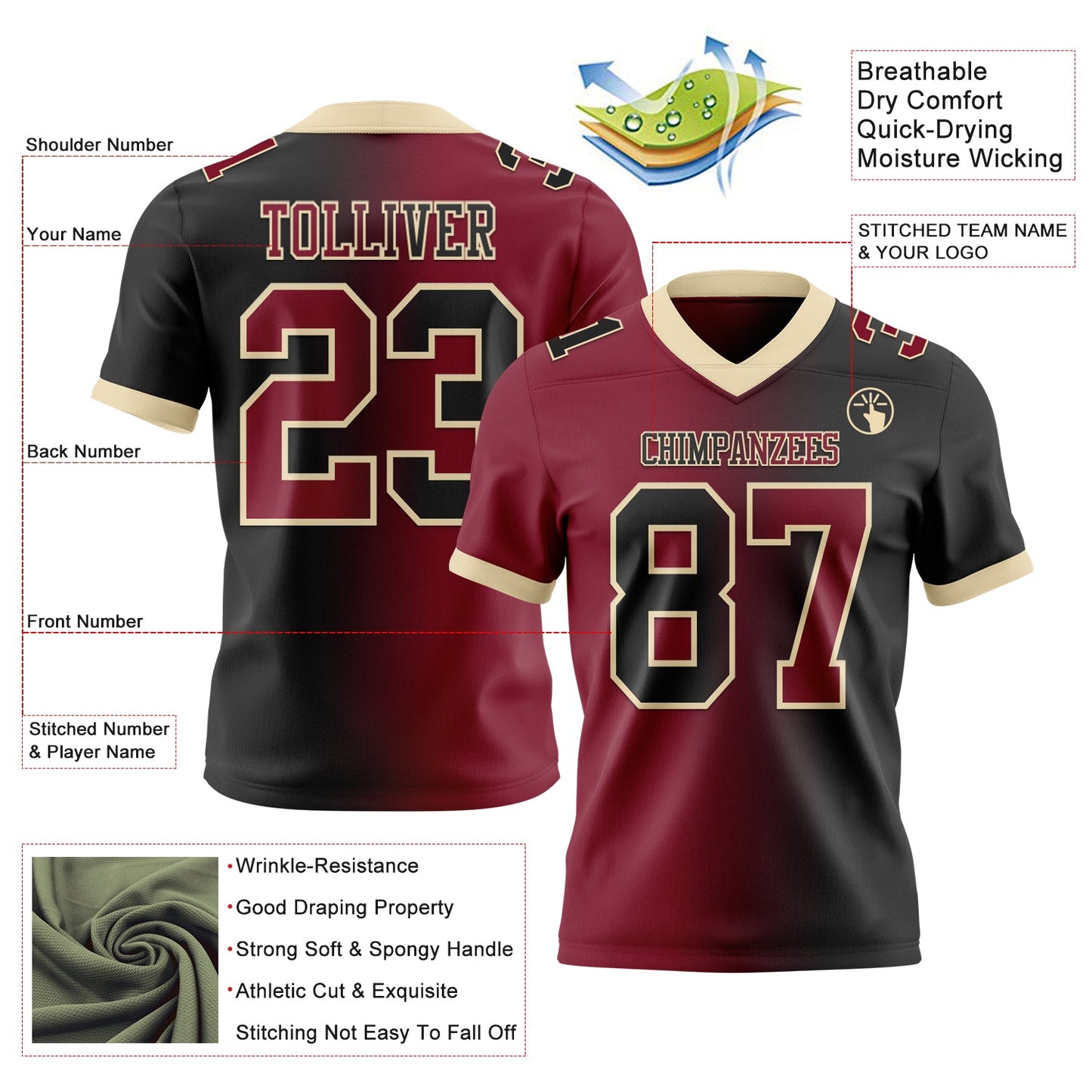 Custom Black Crimson-Cream Authentic Gradient Fashion Football Jersey