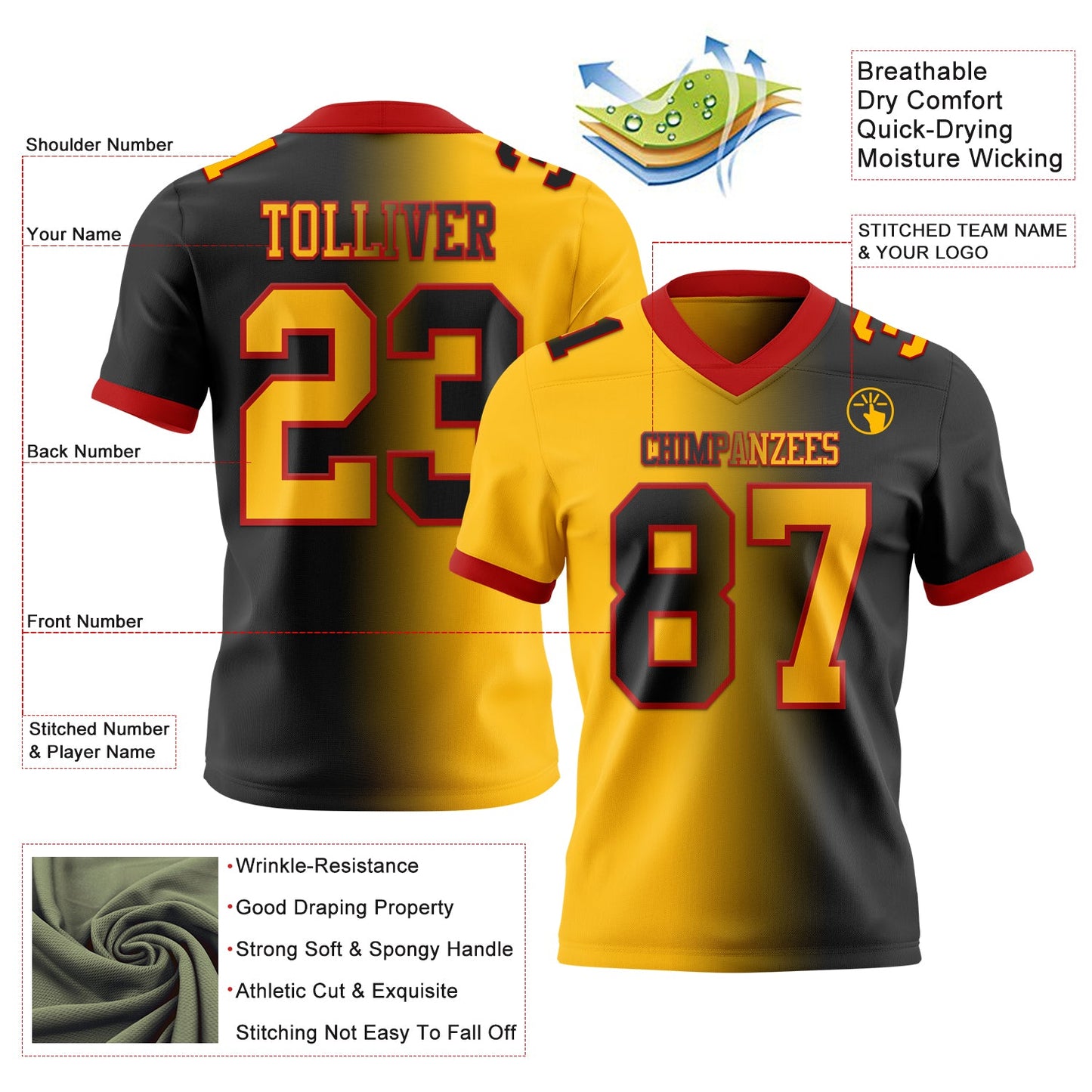 Custom Black Gold-Red Authentic Gradient Fashion Football Jersey