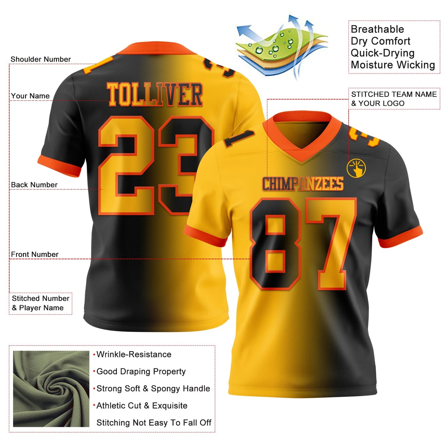 Custom Black Gold-Orange Authentic Gradient Fashion Football Jersey