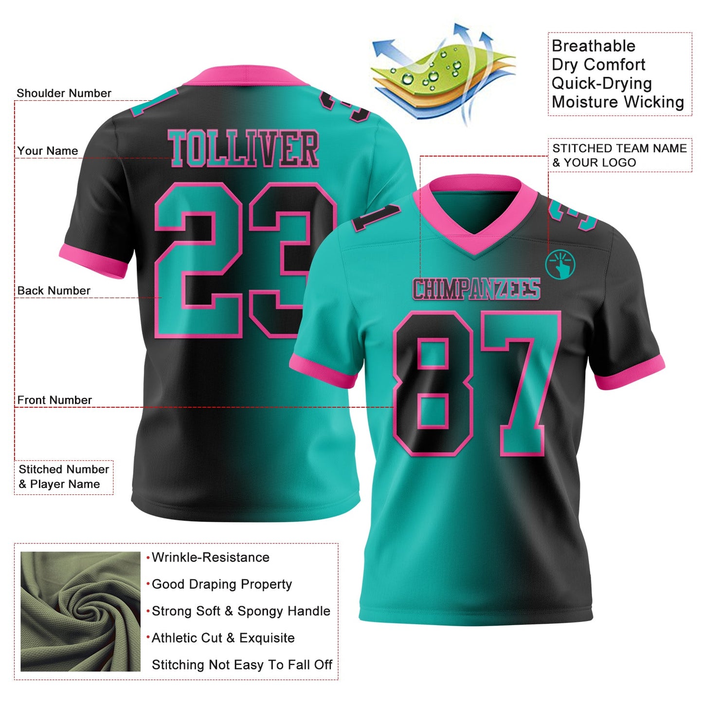 Custom Black Aqua-Pink Authentic Gradient Fashion Football Jersey