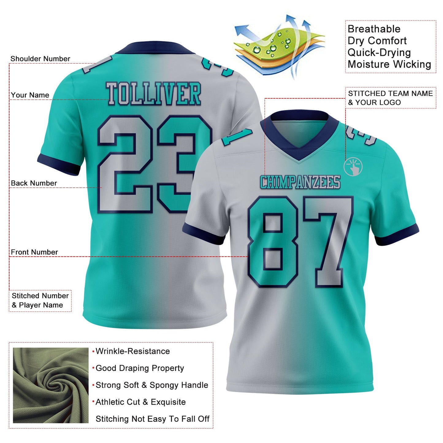 Custom Aqua Gray-Navy Authentic Gradient Fashion Football Jersey