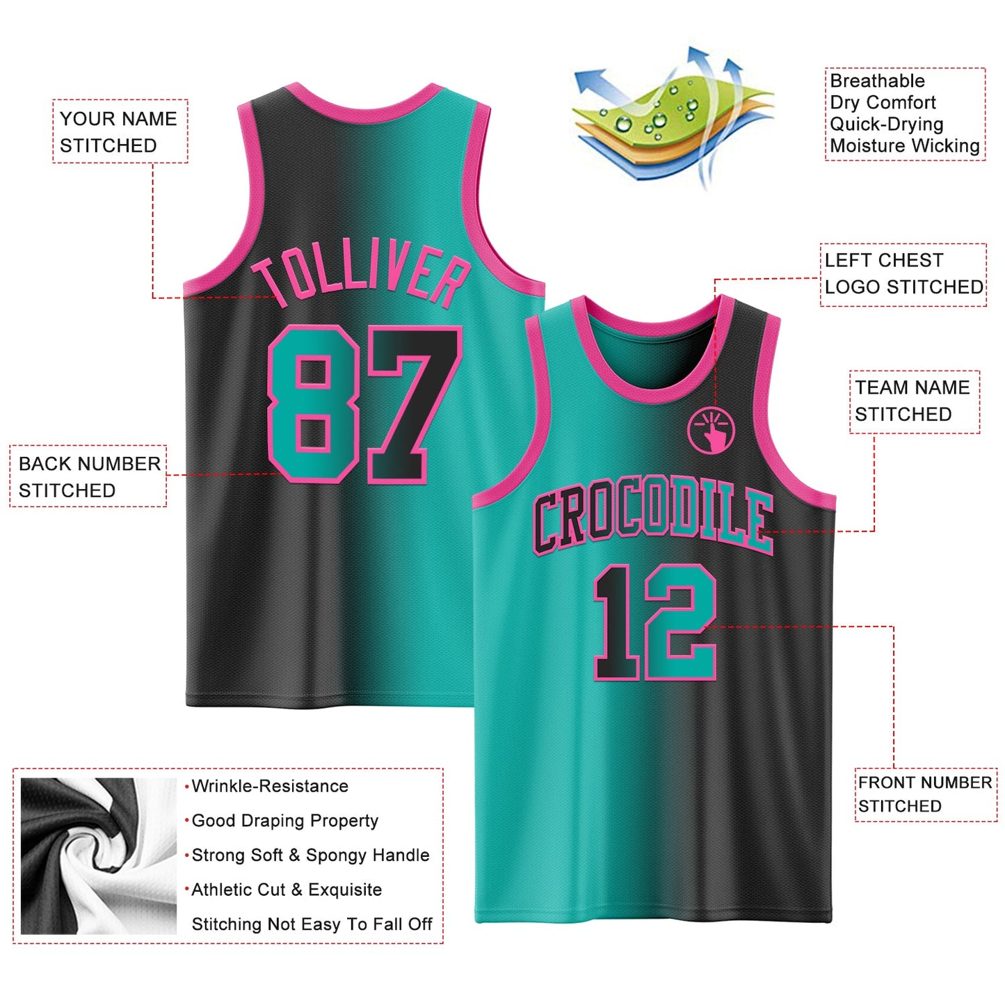 Custom Black Aqua-Pink Authentic Gradient Fashion Basketball Jersey
