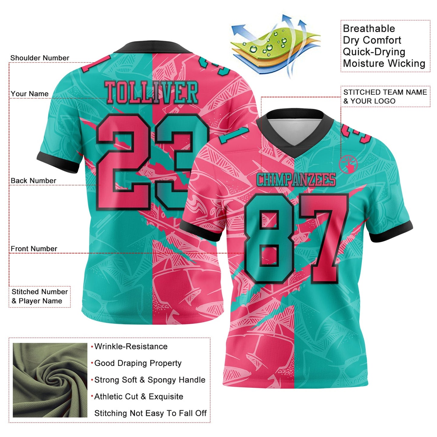 Custom Aqua Neon Pink-Black Authentic Gradient Fashion Scratch Football Jersey