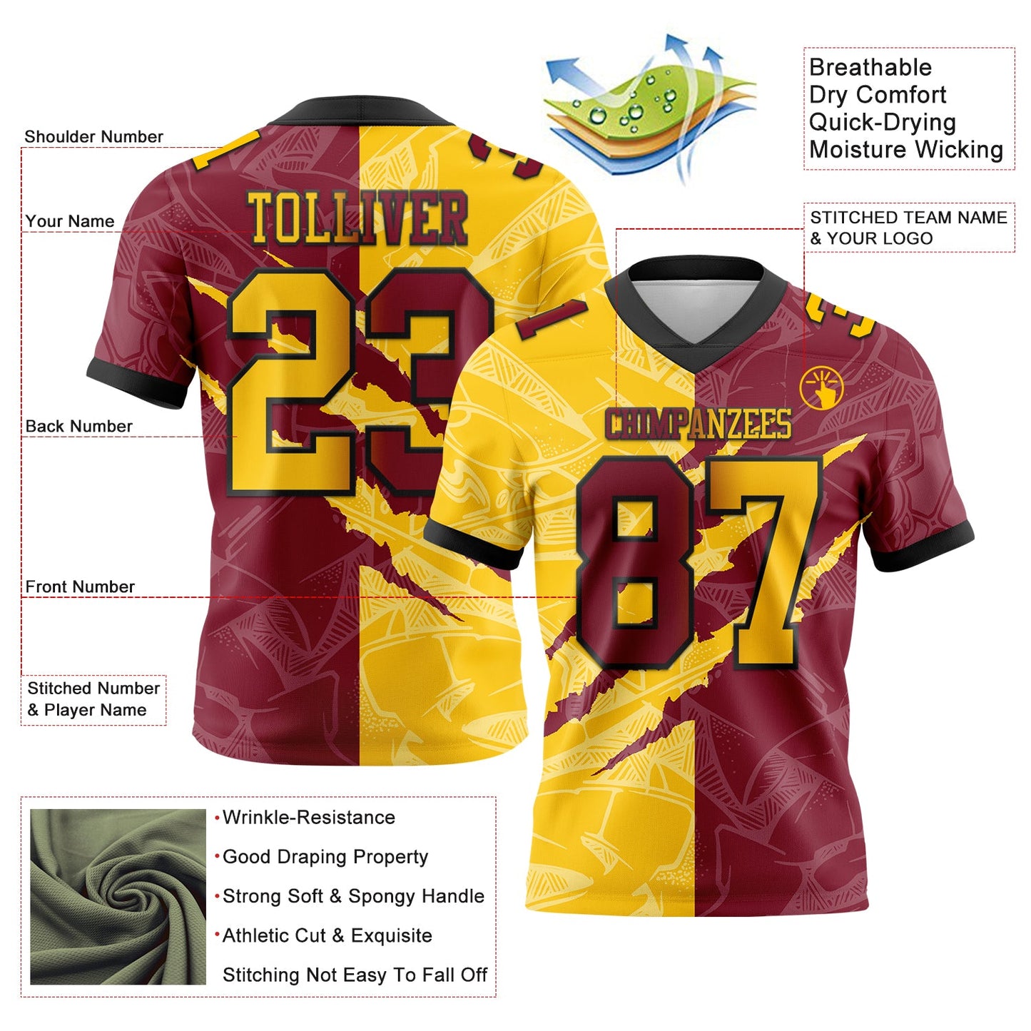 Custom Crimson Yellow-Black Authentic Gradient Fashion Scratch Football Jersey