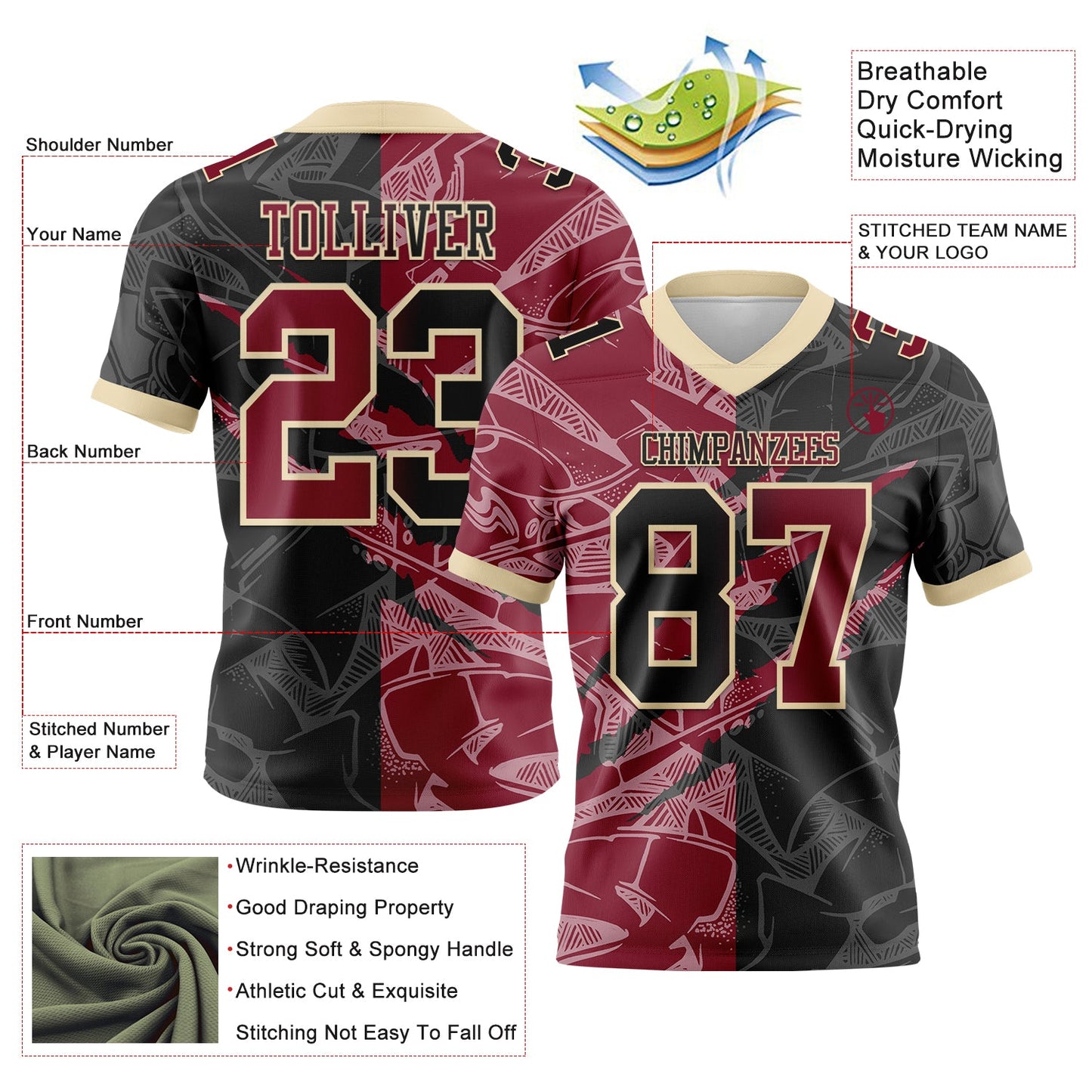 Custom Black Crimson-Cream Authentic Gradient Fashion Scratch Football Jersey