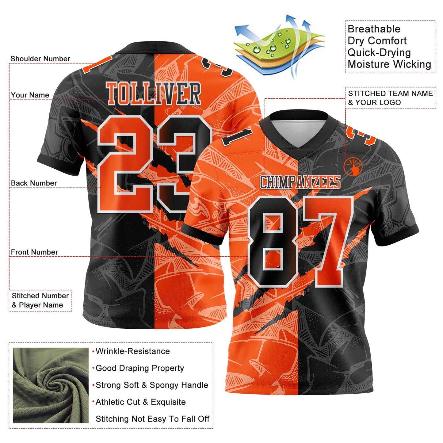 Custom Black Orange-White Authentic Gradient Fashion Scratch Football Jersey